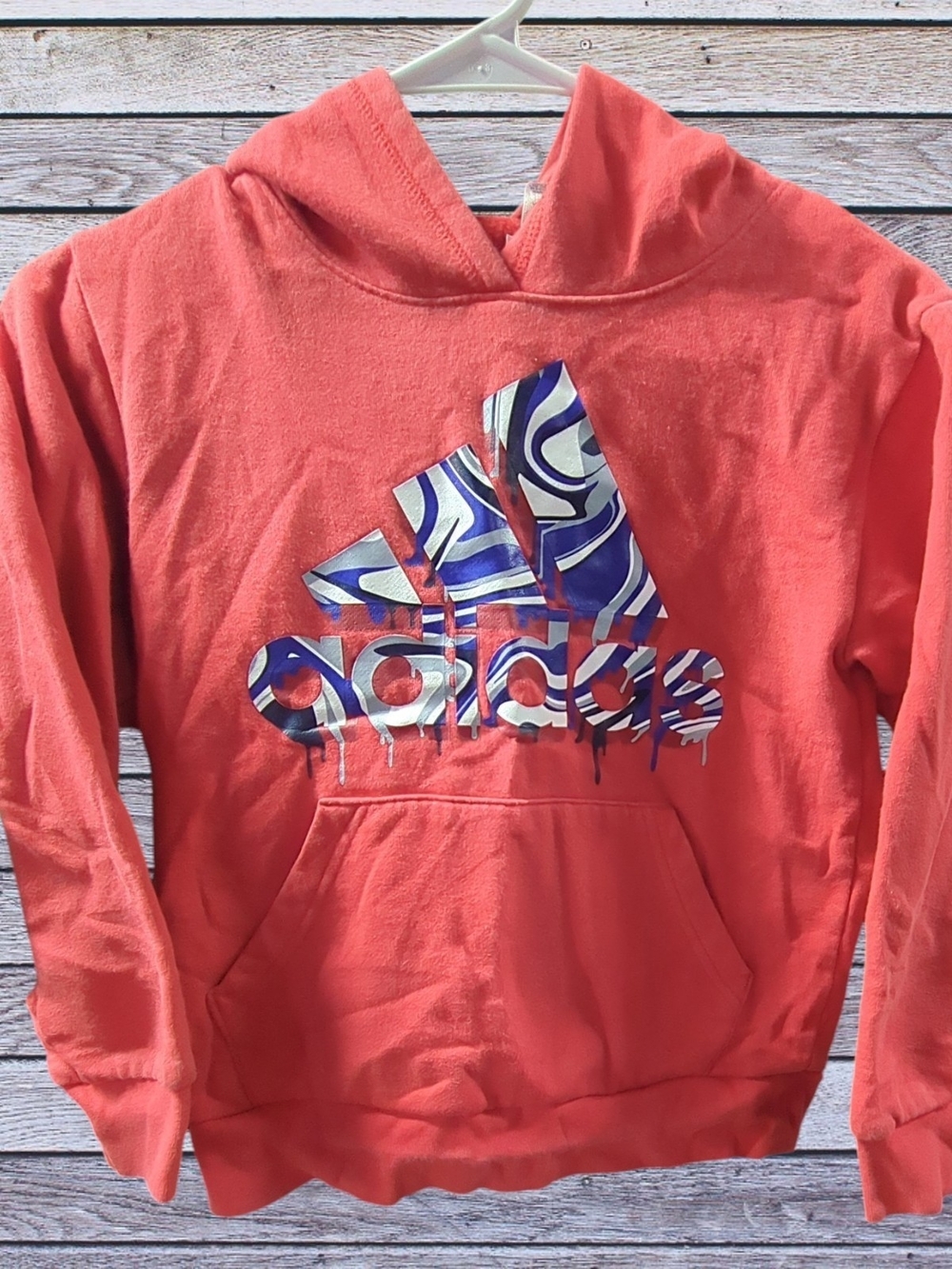 Adidas Red Pullover Hoodie with Blue Swirl Logo